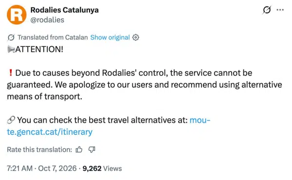 Каталонские машинисты отказались работать после падения дерева на поезд